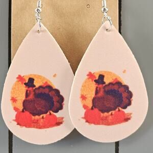 Thanksgiving Turkey Teardrop Dangle Earrings Fall Autumn Faux Leather New 2.5"